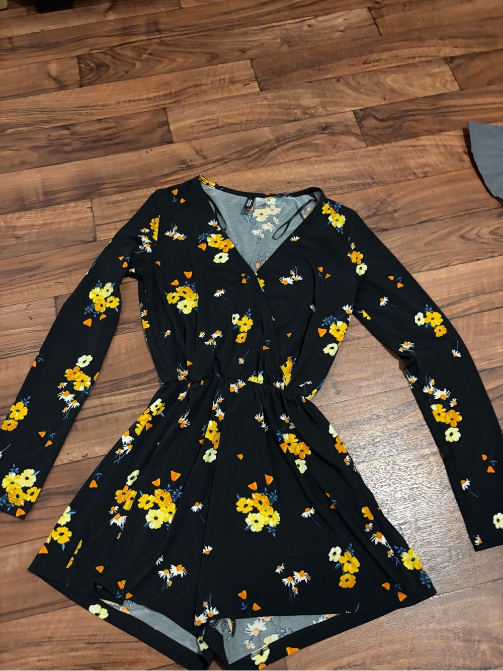 Divided Black Long-Sleeve Floral Wrap Romper Dress - Yellow Floral
